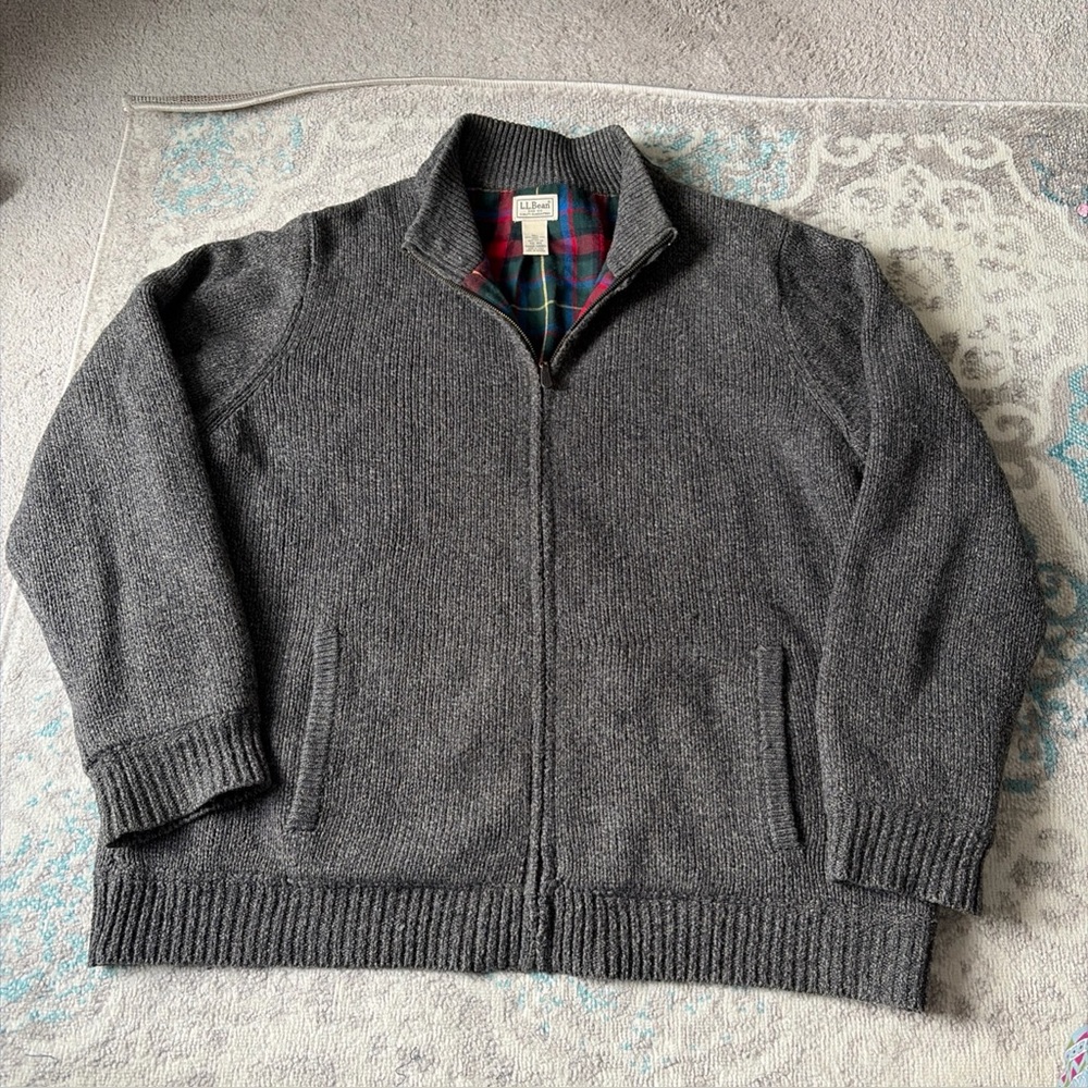 LL Bean Men’s Classic Lambs Wool Sweater Full Zip-up Flannel Lined Size XXL